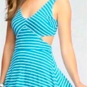 Bebe High Low, Teal and White Striped Dress, Size XS